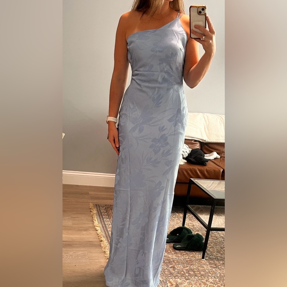 Nadra Light Blue Satin Jacquard One-Shoulder Maxi Dress
